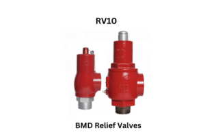 Red RV10 BMD relief valve prominently labeled, showcasing its design and functionality in a mechanical setting